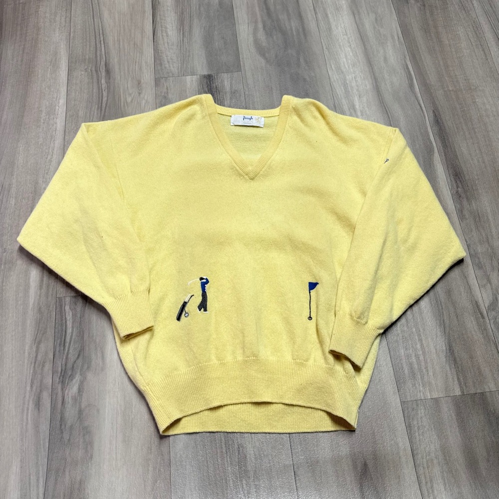 Pringle of Scotland Vintage Yellow V-Neck Golf Sweater Embroidered Mens XL
